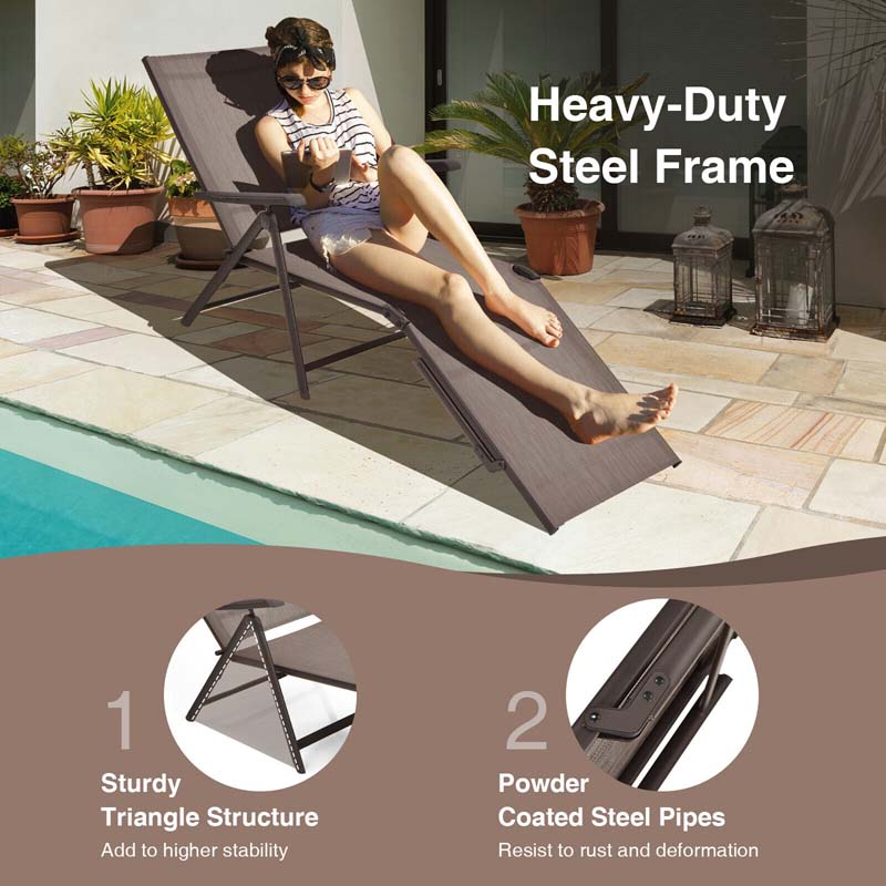 Set of 2 Folding Chaise Lounge Chair with 5-Position Adjustable Backrest & 2-Position Footrest, Fabric Seat Sun Lounger for Pool Deck Beach