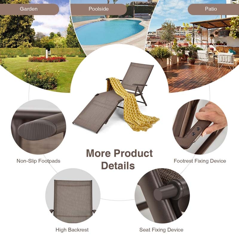 Set of 2 Folding Chaise Lounge Chair with 5-Position Adjustable Backrest & 2-Position Footrest, Fabric Seat Sun Lounger for Pool Deck Beach