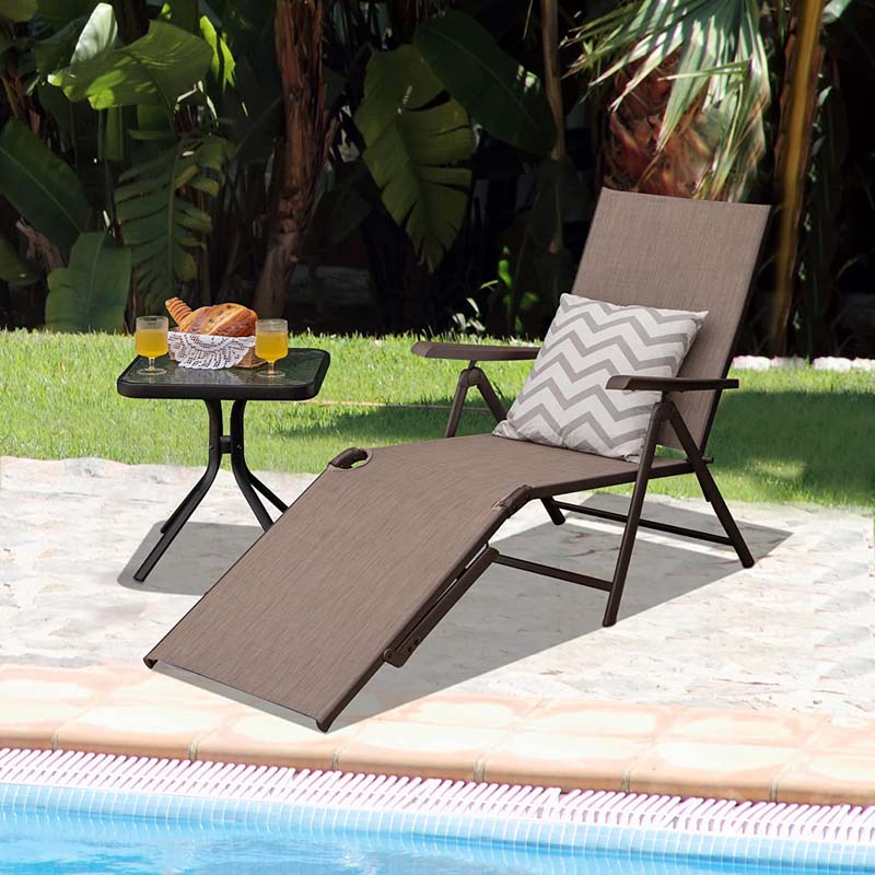 Set of 2 Folding Chaise Lounge Chair with 5-Position Adjustable Backrest & 2-Position Footrest, Fabric Seat Sun Lounger for Pool Deck Beach