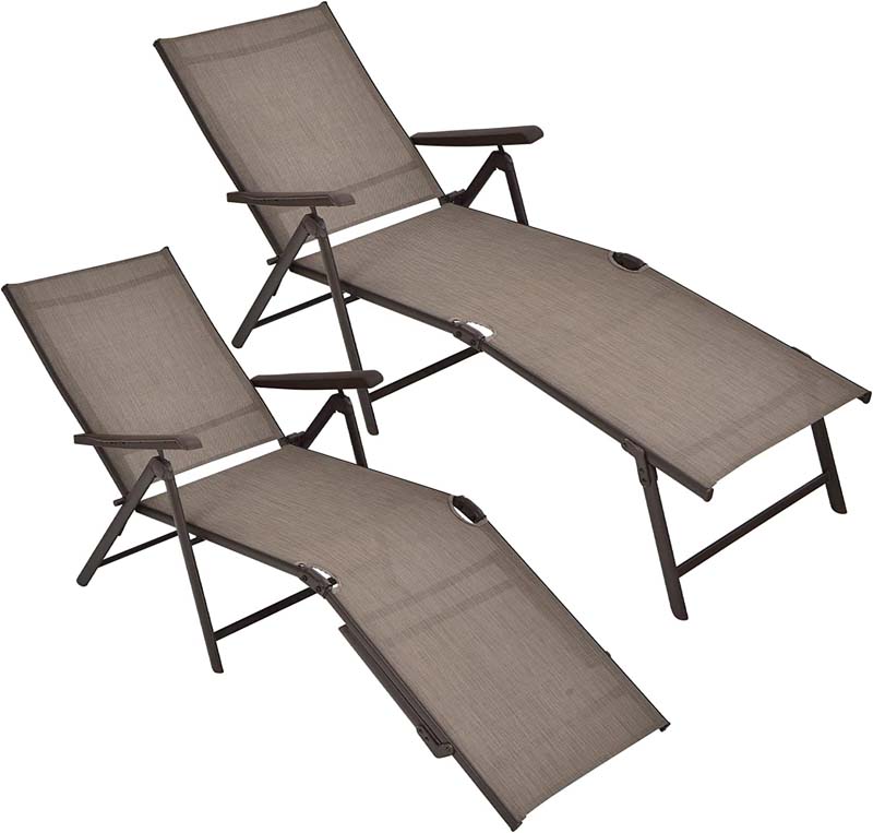 Set of 2 Folding Chaise Lounge Chair with 5-Position Adjustable Backrest & 2-Position Footrest, Fabric Seat Sun Lounger for Pool Deck Beach