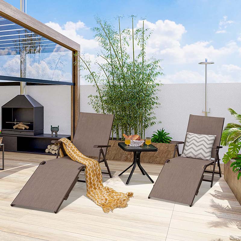 Set of 2 Folding Chaise Lounge Chair with 5-Position Adjustable Backrest & 2-Position Footrest, Fabric Seat Sun Lounger for Pool Deck Beach