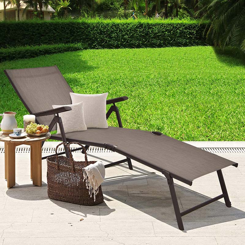 Set of 2 Folding Chaise Lounge Chair with 5-Position Adjustable Backrest & 2-Position Footrest, Fabric Seat Sun Lounger for Pool Deck Beach