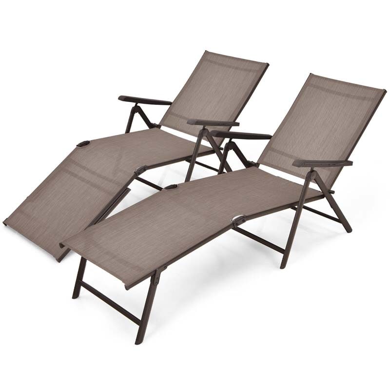 Set of 2 Folding Chaise Lounge Chair with 5-Position Adjustable Backrest & 2-Position Footrest, Fabric Seat Sun Lounger for Pool Deck Beach