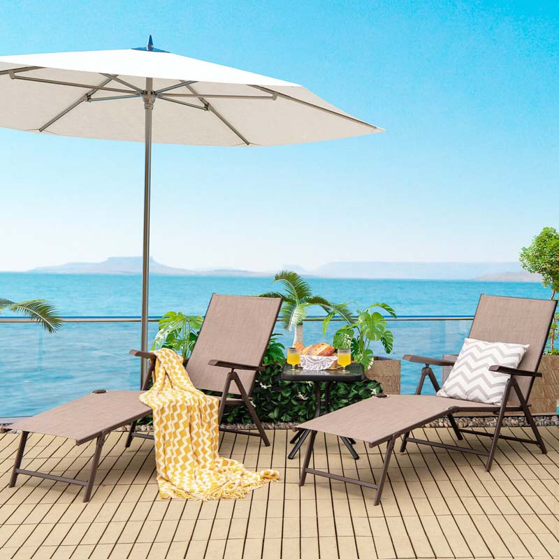 Set of 2 Folding Chaise Lounge Chair with 5-Position Adjustable Backrest & 2-Position Footrest, Fabric Seat Sun Lounger for Pool Deck Beach