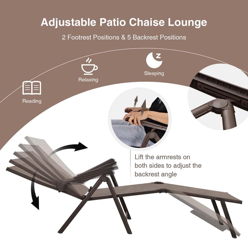 Set of 2 Folding Chaise Lounge Chair with 5-Position Adjustable Backrest & 2-Position Footrest, Fabric Seat Sun Lounger for Pool Deck Beach