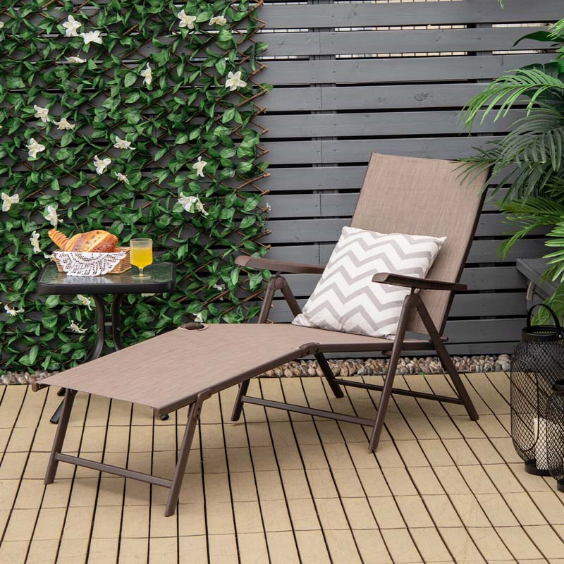 Set of 2 Folding Chaise Lounge Chair with 5-Position Adjustable Backrest & 2-Position Footrest, Fabric Seat Sun Lounger for Pool Deck Beach