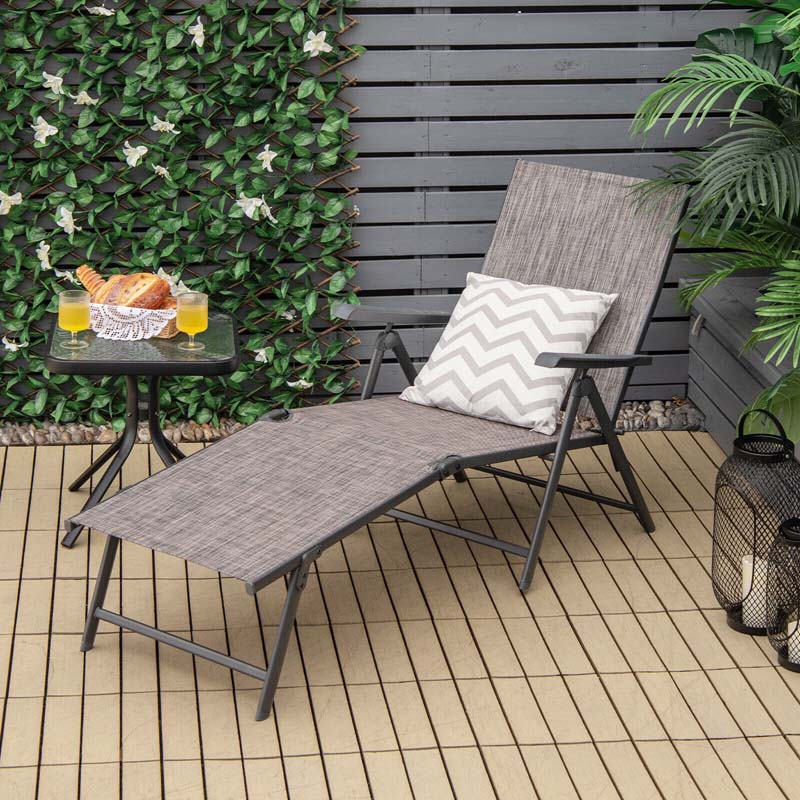 Set of 2 Folding Chaise Lounge Chair with 5-Position Adjustable Backrest & 2-Position Footrest, Fabric Seat Sun Lounger for Pool Deck Beach