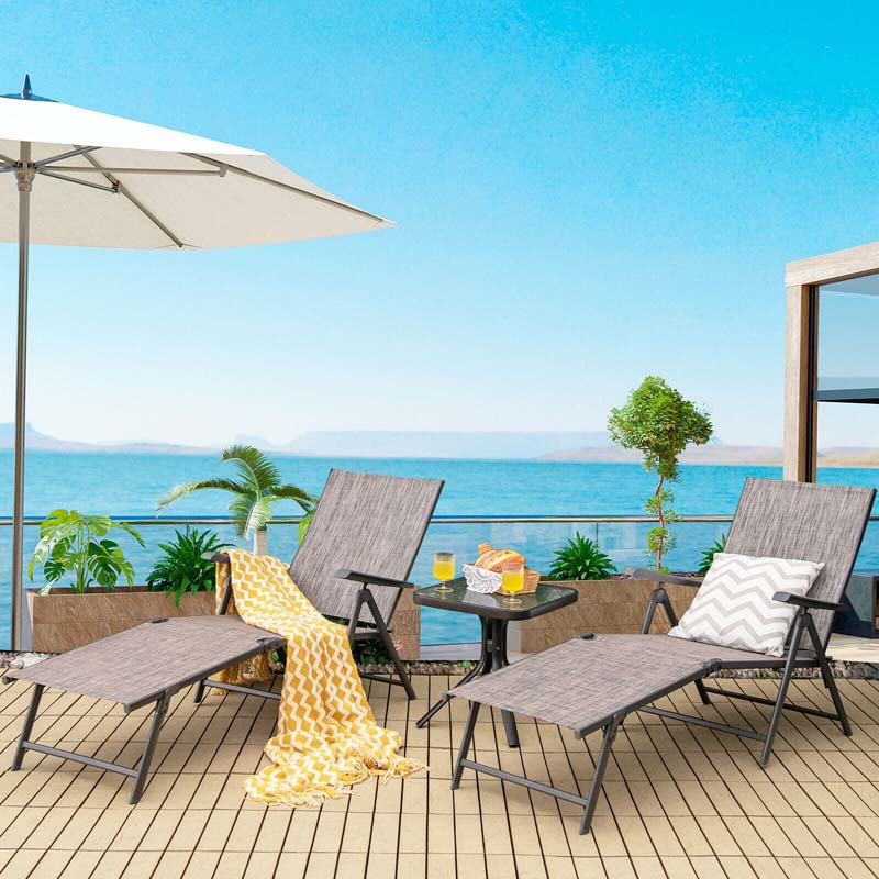Set of 2 Folding Chaise Lounge Chair with 5-Position Adjustable Backrest & 2-Position Footrest, Fabric Seat Sun Lounger for Pool Deck Beach