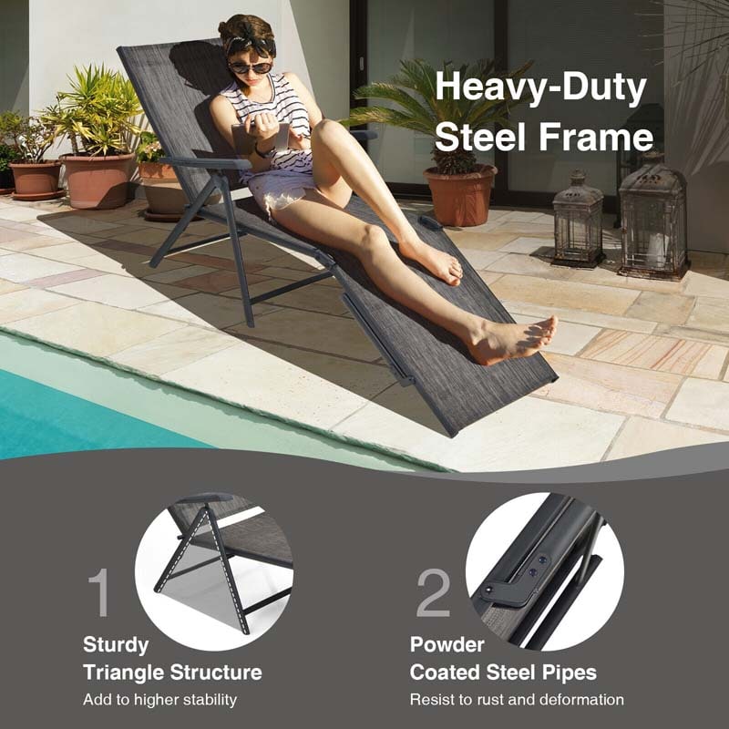 Set of 2 Folding Chaise Lounge Chair with 5-Position Adjustable Backrest & 2-Position Footrest, Fabric Seat Sun Lounger for Pool Deck Beach