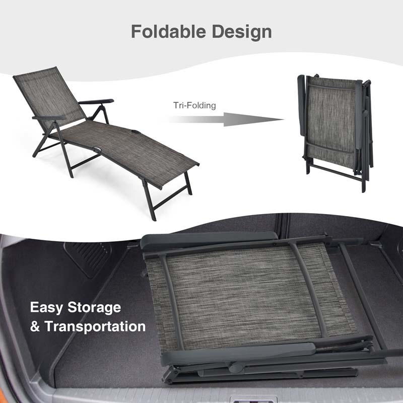 Set of 2 Folding Chaise Lounge Chair with 5-Position Adjustable Backrest & 2-Position Footrest, Fabric Seat Sun Lounger for Pool Deck Beach