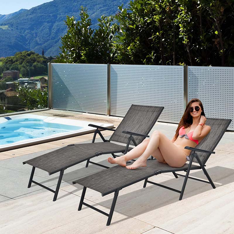 Set of 2 Folding Chaise Lounge Chair with 5-Position Adjustable Backrest & 2-Position Footrest, Fabric Seat Sun Lounger for Pool Deck Beach