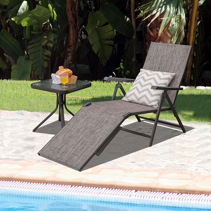 Set of 2 Folding Chaise Lounge Chair with 5-Position Adjustable Backrest & 2-Position Footrest, Fabric Seat Sun Lounger for Pool Deck Beach