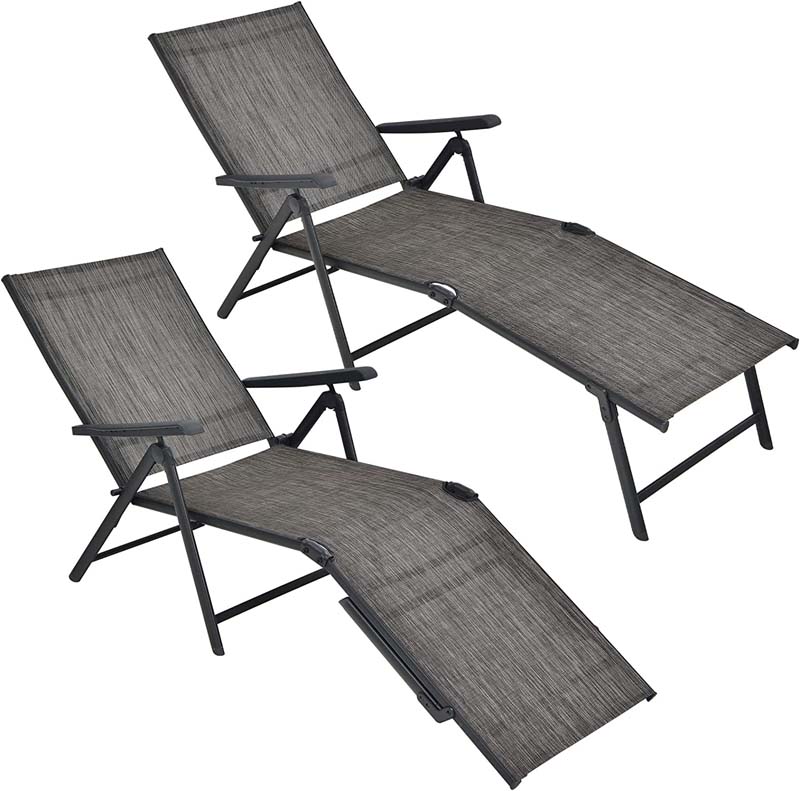 Set of 2 Folding Chaise Lounge Chair with 5-Position Adjustable Backrest & 2-Position Footrest, Fabric Seat Sun Lounger for Pool Deck Beach