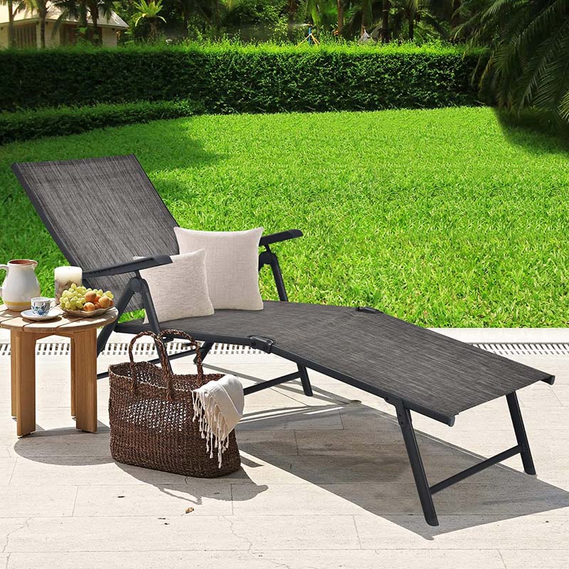 Set of 2 Folding Chaise Lounge Chair with 5-Position Adjustable Backrest & 2-Position Footrest, Fabric Seat Sun Lounger for Pool Deck Beach