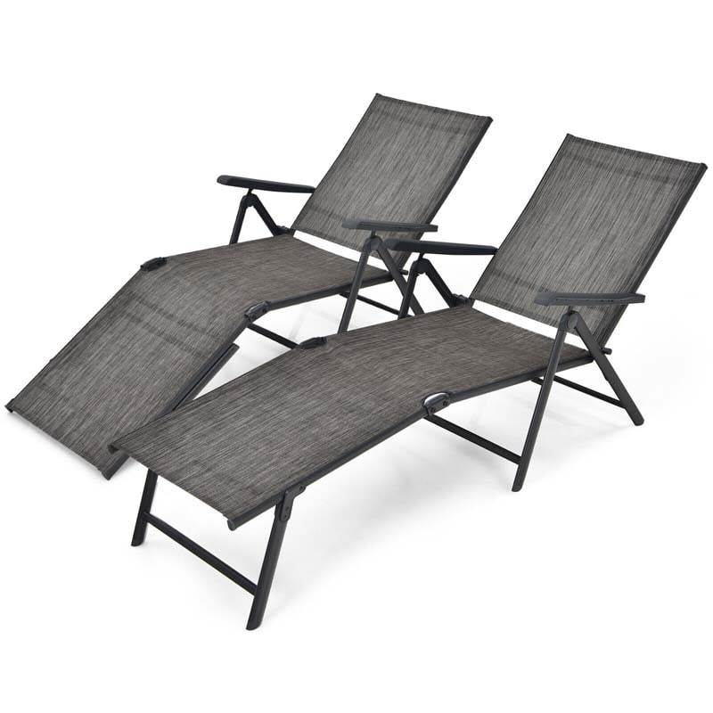 Set of 2 Folding Chaise Lounge Chair with 5-Position Adjustable Backrest & 2-Position Footrest, Fabric Seat Sun Lounger for Pool Deck Beach