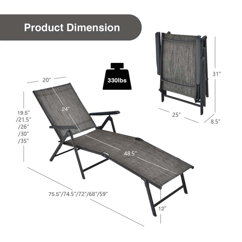 Set of 2 Folding Chaise Lounge Chair with 5-Position Adjustable Backrest & 2-Position Footrest, Fabric Seat Sun Lounger for Pool Deck Beach