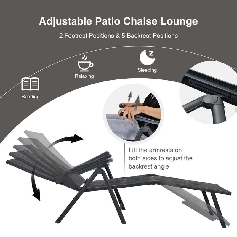 Set of 2 Folding Chaise Lounge Chair with 5-Position Adjustable Backrest & 2-Position Footrest, Fabric Seat Sun Lounger for Pool Deck Beach