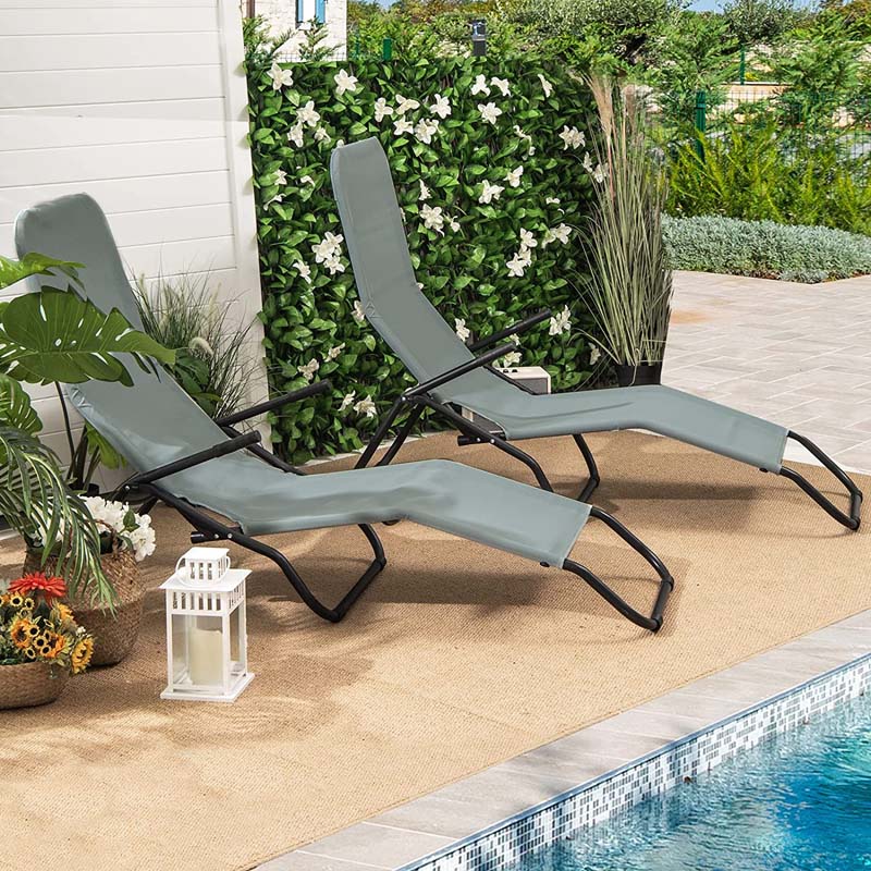 2PCS Patio Folding Lounge Chairs, Stackable Zero Gravity Sun Loungers with Quick Drying Fabric Seat for Poolside, Deck, Beach