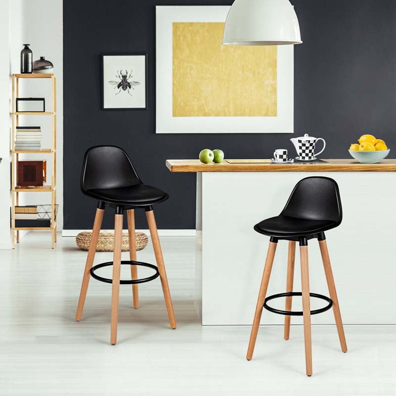 28.5" Bar Stools Set of 2 with Curved Back & PU Leather Seat, Mid Century Modern Armless Bar Height Side Chairs for Kitchen Island, Home Cafe