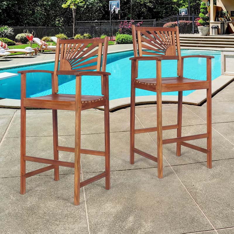 2-Pack Acacia Wood Bar Stools Outdoor Patio Bar Chairs with Sunflower Backrest & Curved Armrests