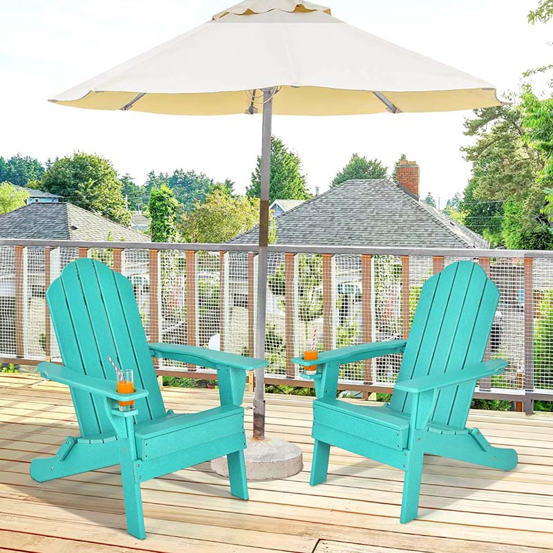 2-Pack Folding Adirondack Chairs with Built-in Cup Holder, PE Weather Resistant Outdoor Patio Folding Chairs