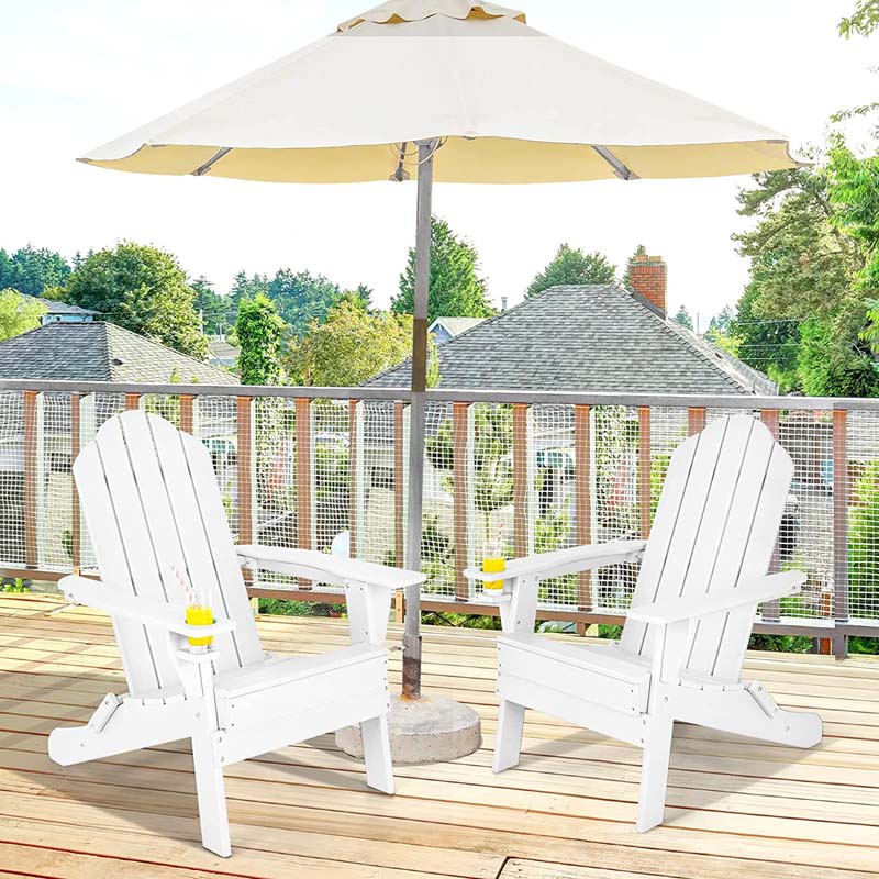 2 PCS Outdoor Folding Adirondack Chairs with Cup Holder, All-Weather PE Patio Lounge Chair for Backyard, Poolside