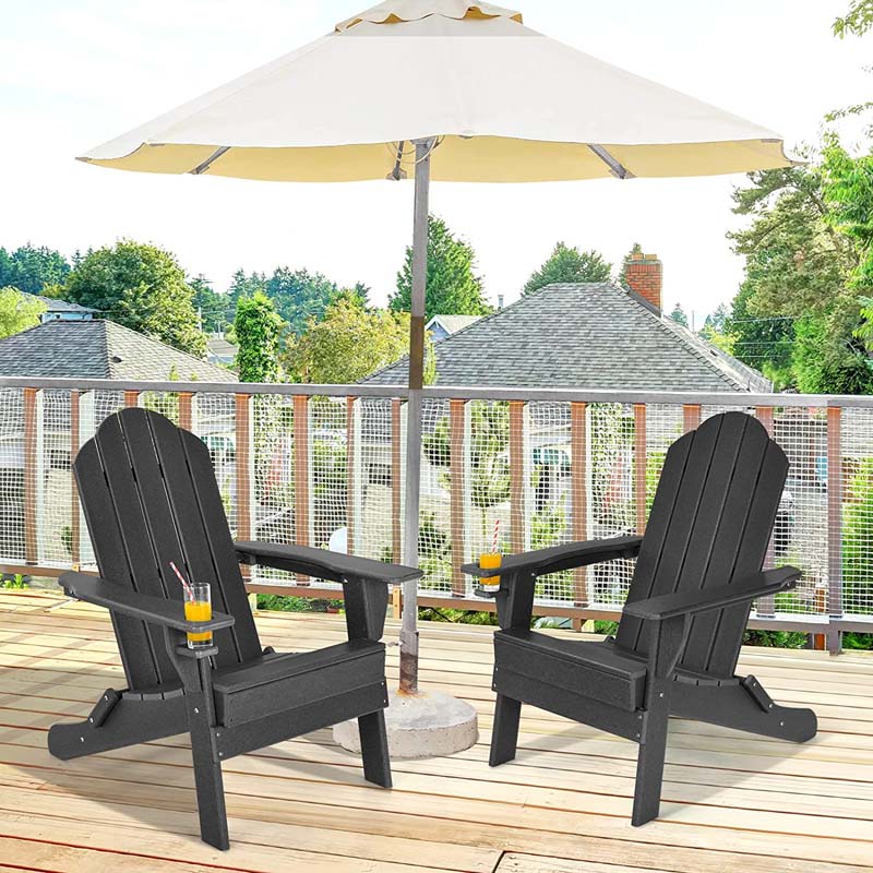 2-Pack Folding Adirondack Chairs with Built-in Cup Holder, PE Weather Resistant Outdoor Patio Folding Chairs