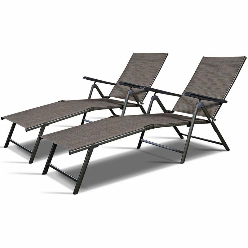 Set of 2 Outdoor Folding Fabric Chaise Lounges, Weatherproof Pool Sun Lounger with 5-Position Adjustable Backrest for Patio Garden Beach Lawn