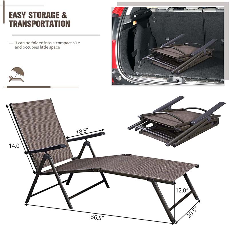 Set of 2 Outdoor Folding Fabric Chaise Lounges, Weatherproof Pool Sun Lounger with 5-Position Adjustable Backrest for Patio Garden Beach Lawn