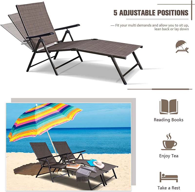 Set of 2 Outdoor Folding Fabric Chaise Lounges, Weatherproof Pool Sun Lounger with 5-Position Adjustable Backrest for Patio Garden Beach Lawn