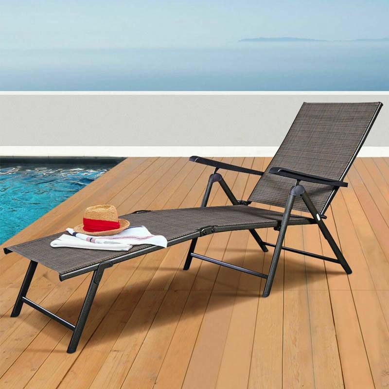 Set of 2 Outdoor Folding Fabric Chaise Lounges, Weatherproof Pool Sun Lounger with 5-Position Adjustable Backrest for Patio Garden Beach Lawn