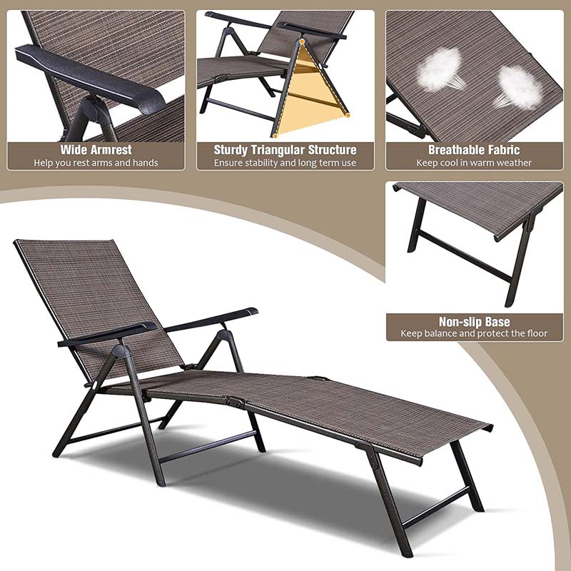 Set of 2 Outdoor Folding Fabric Chaise Lounges, Weatherproof Pool Sun Lounger with 5-Position Adjustable Backrest for Patio Garden Beach Lawn