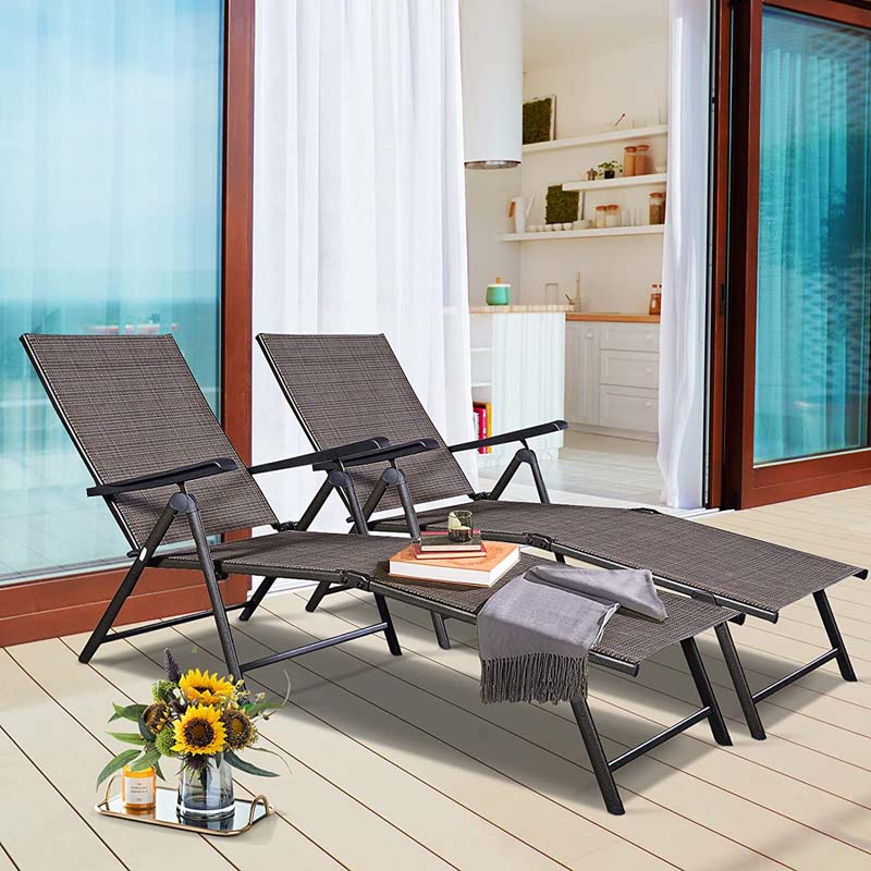 Set of 2 Outdoor Folding Fabric Chaise Lounges, Weatherproof Pool Sun Lounger with 5-Position Adjustable Backrest for Patio Garden Beach Lawn