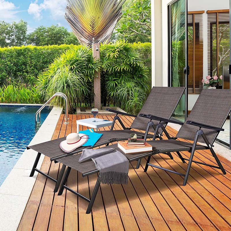 Set of 2 Outdoor Folding Fabric Chaise Lounges, Weatherproof Pool Sun Lounger with 5-Position Adjustable Backrest for Patio Garden Beach Lawn