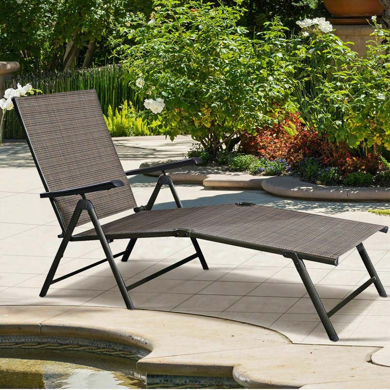 Set of 2 Outdoor Folding Fabric Chaise Lounges, Weatherproof Pool Sun Lounger with 5-Position Adjustable Backrest for Patio Garden Beach Lawn