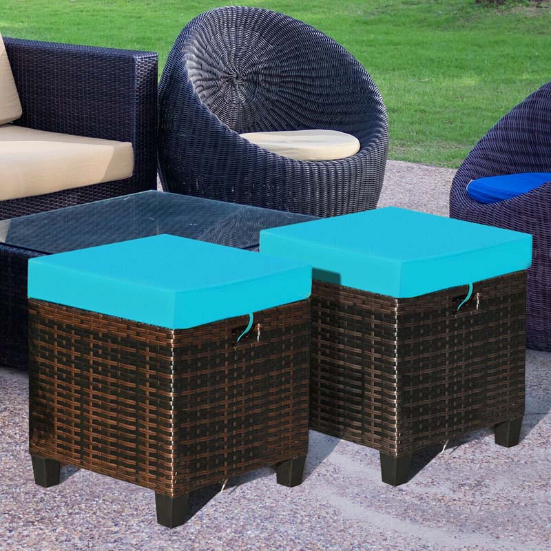 2 Pcs Rattan Patio Ottoman Set with Removable Cushions, All Weather Wicker Outdoor Footstool Footrest Seat