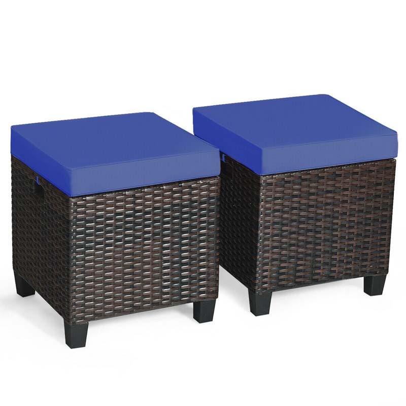 2 Pcs Rattan Patio Ottoman Set with Removable Cushions, All Weather Wicker Outdoor Footstool Footrest Seat