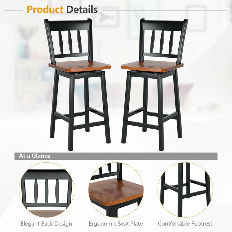 Set of 2 Swivel Bar Stools, 24.5" Solid Rubber Wood Counter Height Bar Chairs with Back & Footrest for Kitchen Island, Home Pub