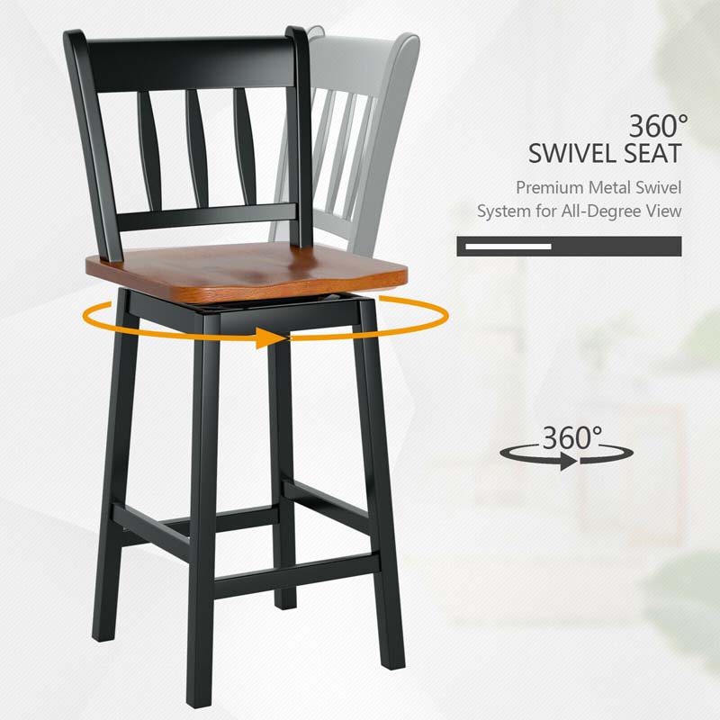 Set of 2 Swivel Bar Stools, 24.5" Solid Rubber Wood Counter Height Bar Chairs with Back & Footrest for Kitchen Island, Home Pub