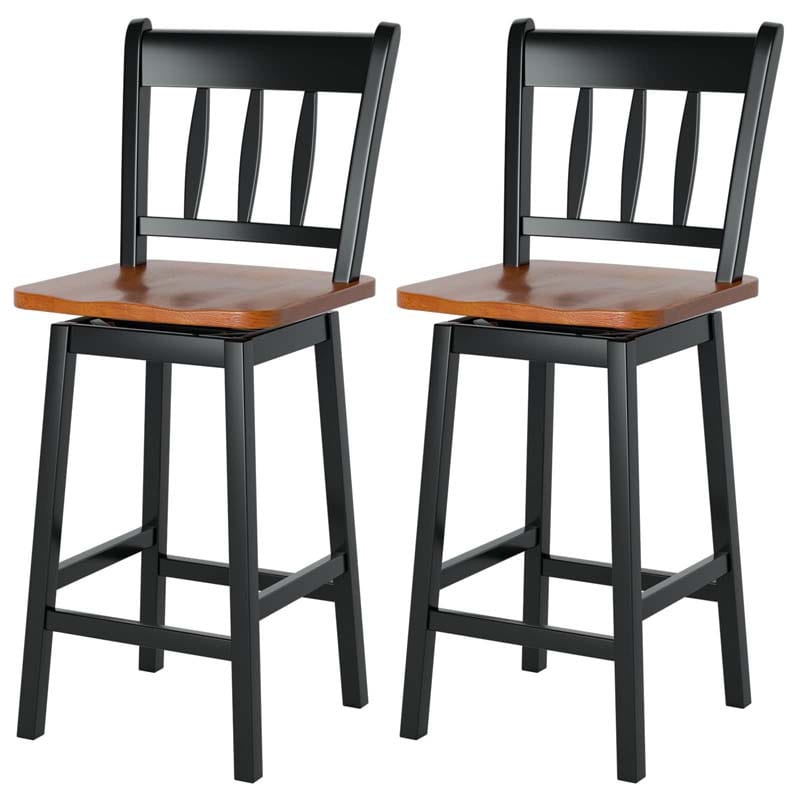 Set of 2 Swivel Bar Stools, 24.5" Solid Rubber Wood Counter Height Bar Chairs with Back & Footrest for Kitchen Island, Home Pub