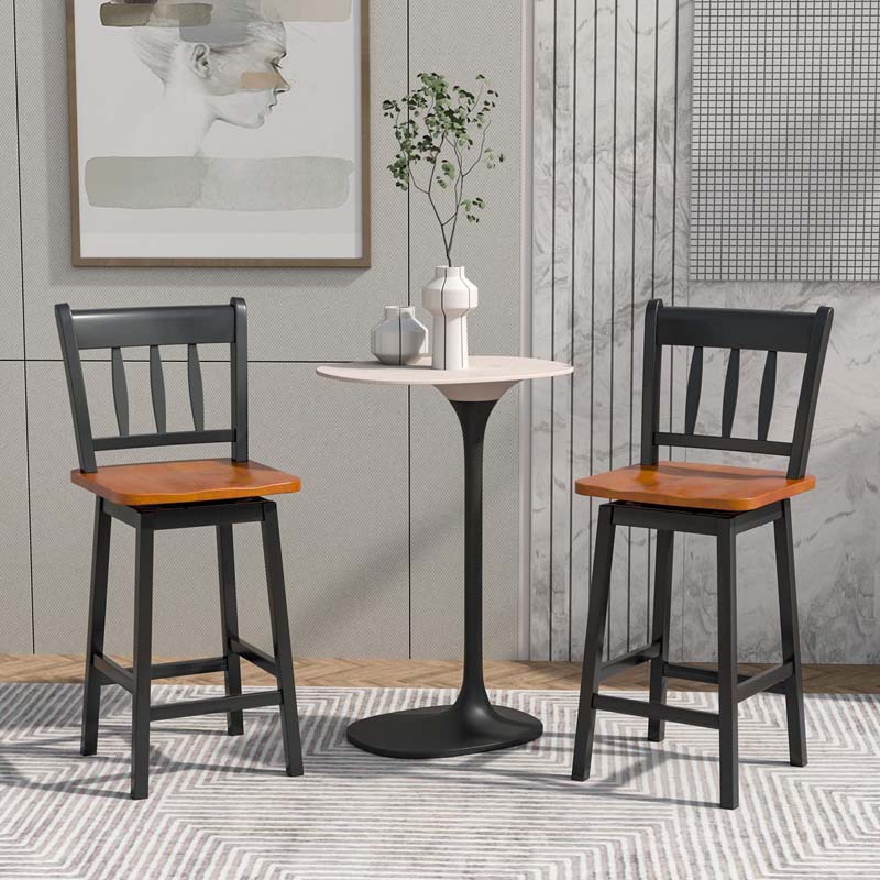 Set of 2 Swivel Bar Stools, 24.5" Solid Rubber Wood Counter Height Bar Chairs with Back & Footrest for Kitchen Island, Home Pub
