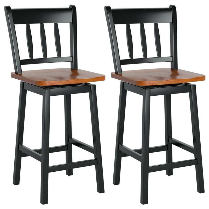 Set of 2 Swivel Bar Stools, 24.5" Solid Rubber Wood Counter Height Bar Chairs with Back & Footrest for Kitchen Island, Home Pub