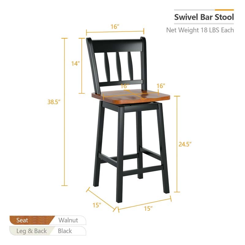 Set of 2 Swivel Bar Stools, 24.5" Solid Rubber Wood Counter Height Bar Chairs with Back & Footrest for Kitchen Island, Home Pub