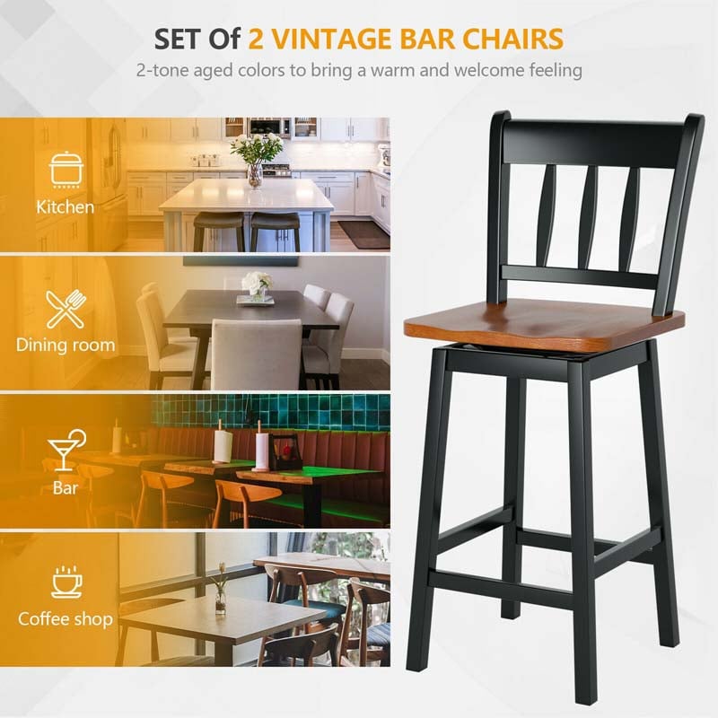 Set of 2 Swivel Bar Stools, 24.5" Solid Rubber Wood Counter Height Bar Chairs with Back & Footrest for Kitchen Island, Home Pub