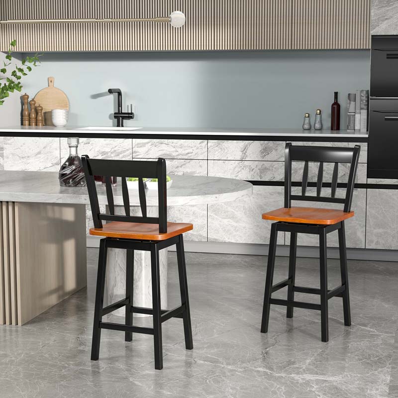 Set of 2 Swivel Bar Stools, 24.5" Solid Rubber Wood Counter Height Bar Chairs with Back & Footrest for Kitchen Island, Home Pub