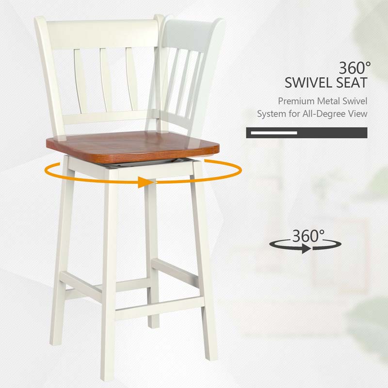 Set of 2 Swivel Bar Stools, 24.5" Solid Rubber Wood Counter Height Bar Chairs with Back & Footrest for Kitchen Island, Home Pub