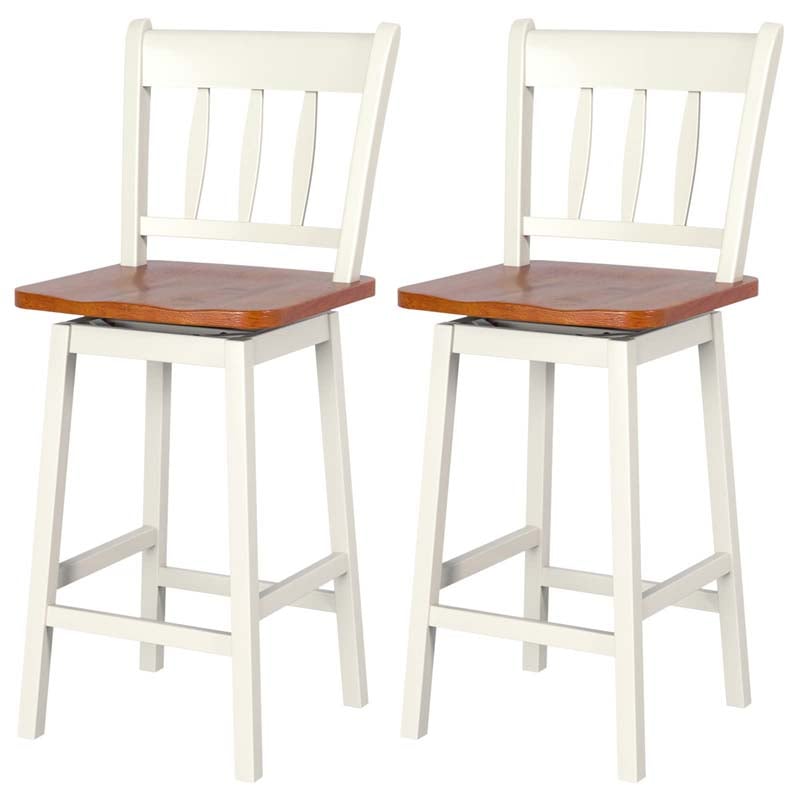Set of 2 Swivel Bar Stools, 24.5" Solid Rubber Wood Counter Height Bar Chairs with Back & Footrest for Kitchen Island, Home Pub