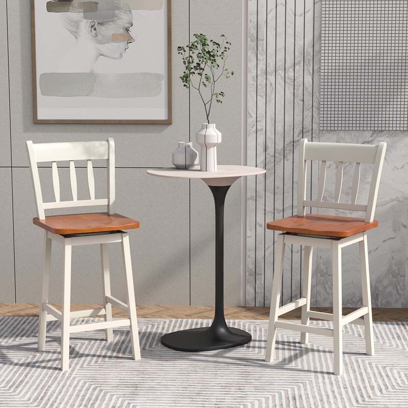 Set of 2 Swivel Bar Stools, 24.5" Solid Rubber Wood Counter Height Bar Chairs with Back & Footrest for Kitchen Island, Home Pub