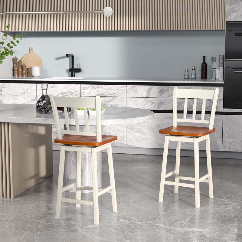Set of 2 Swivel Bar Stools, 24.5" Solid Rubber Wood Counter Height Bar Chairs with Back & Footrest for Kitchen Island, Home Pub