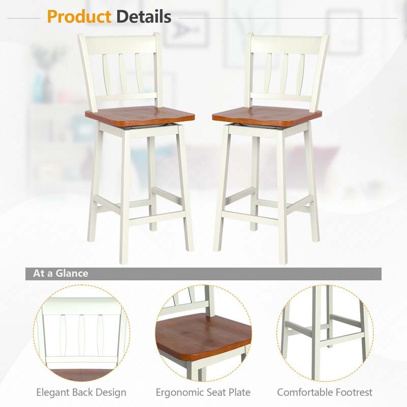 Set of 2 Swivel Bar Stools, 24.5" Solid Rubber Wood Counter Height Bar Chairs with Back & Footrest for Kitchen Island, Home Pub
